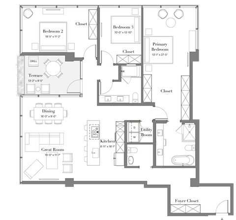 Floor plan for 3 beds, 2.5 baths, 1758 sqft